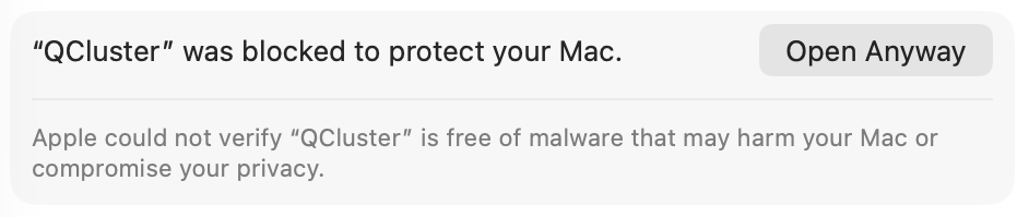 Privacy and Security pane showing an Open Anyway button next to the QCluster warning