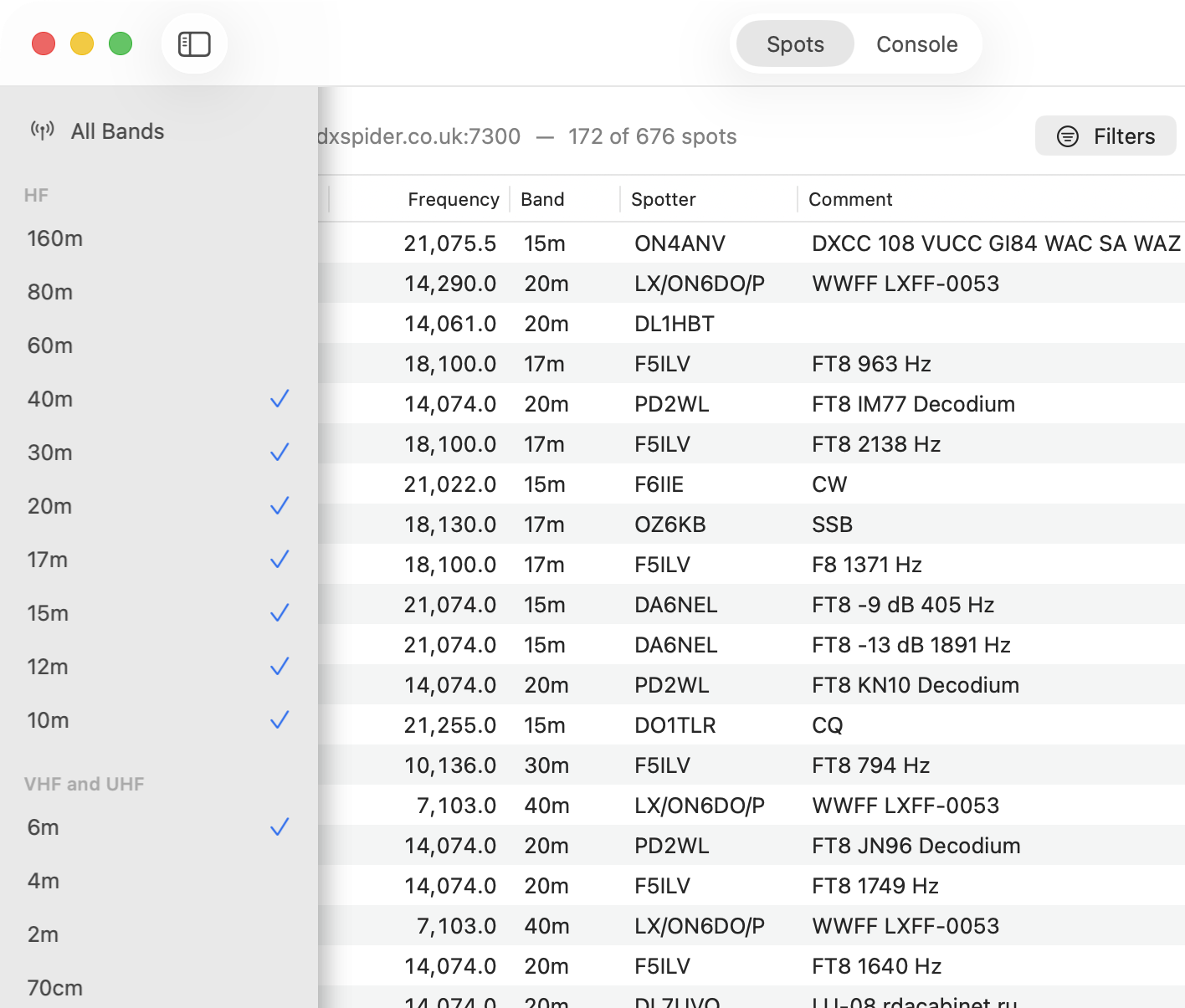 QCluster band filtering window