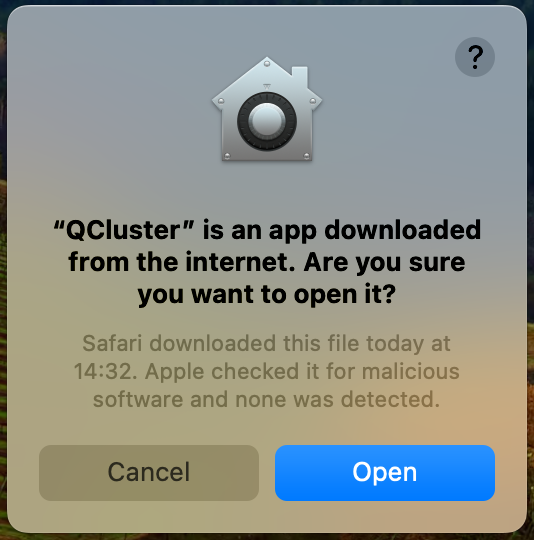 macOS dialog confirming QCluster is an app downloaded from the internet, with Cancel and Open buttons