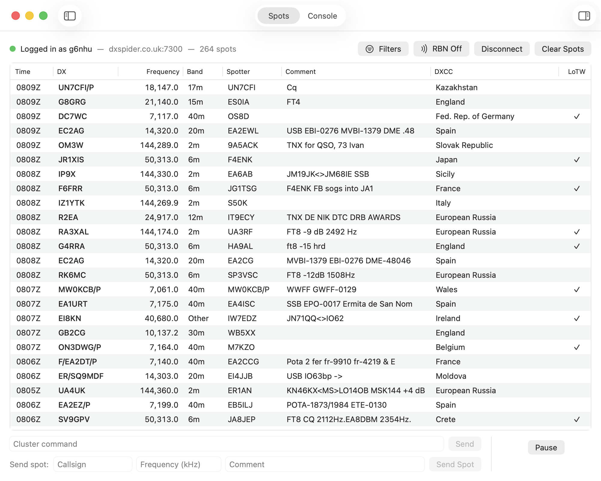 QCluster main window showing live DX Cluster spots