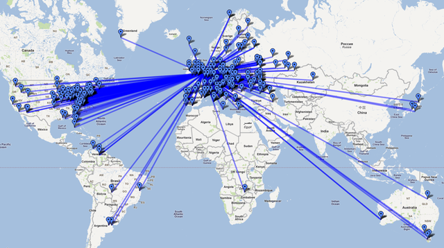 Map of QSOs made with JT65 in 2011 (click for large version)