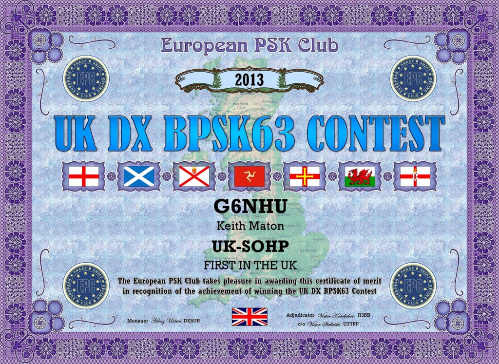 Certificate for winning the UK DX BPSK63 contest 2013