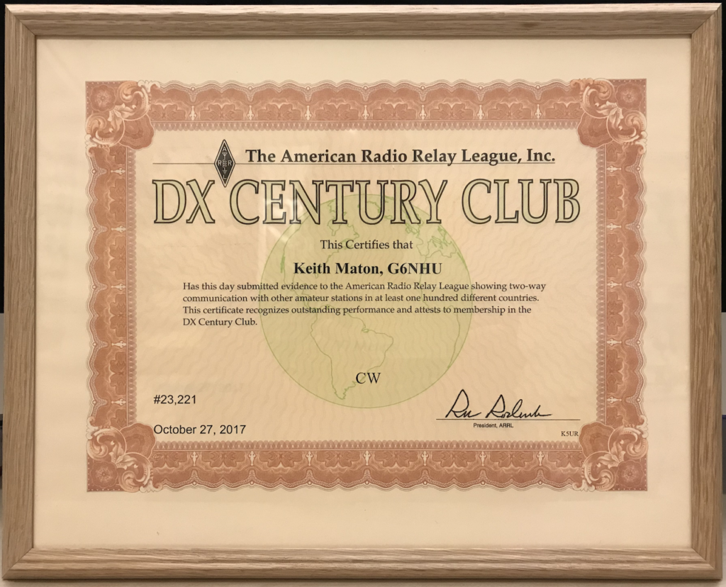 G6NHU DXCC certificate - CW