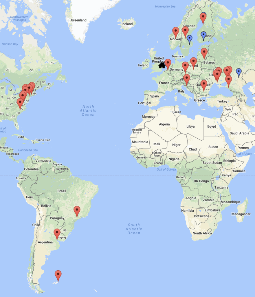 Map of stations worked by G6NHU on 15m in the OK DX RTTY contest 2017